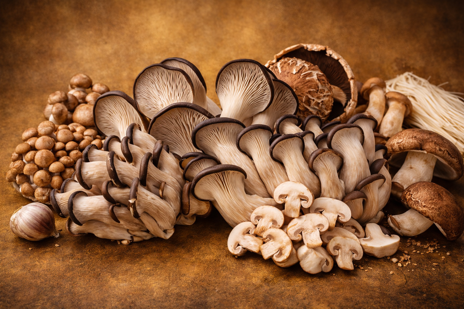 Variedade de cogumelos gourmet em superfície rústica